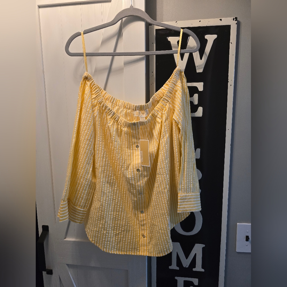 NWT MICHAEL Michael Kors L yellow white stripe blouse top